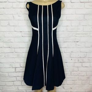 CUE black A-line dress with white stripes size 8